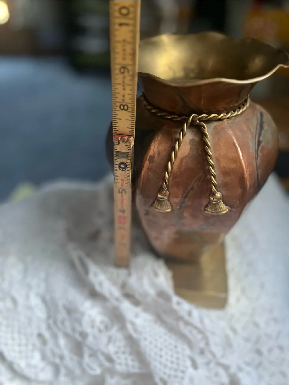 Vintage Brass Copper Decorative Vase with Brasd Rope Accent